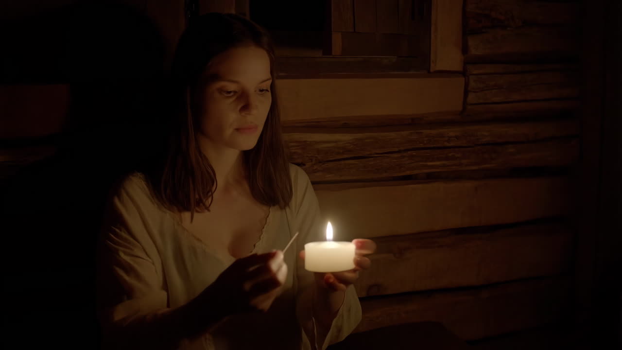 Woman lighting a candle in a dark room