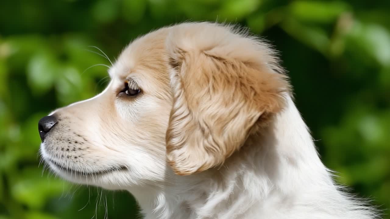 豊かな緑を背景にした、可愛らしいゴールデンレトリバーの子犬の心温まるポートレート。あらゆる細部にわたり、その好奇心と遊び心が捉えられています。