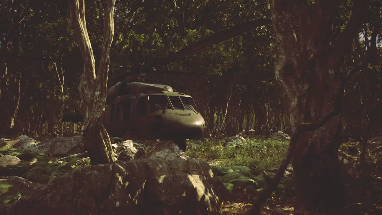 Helicopter maneuvering through a dense forest under a bright sky