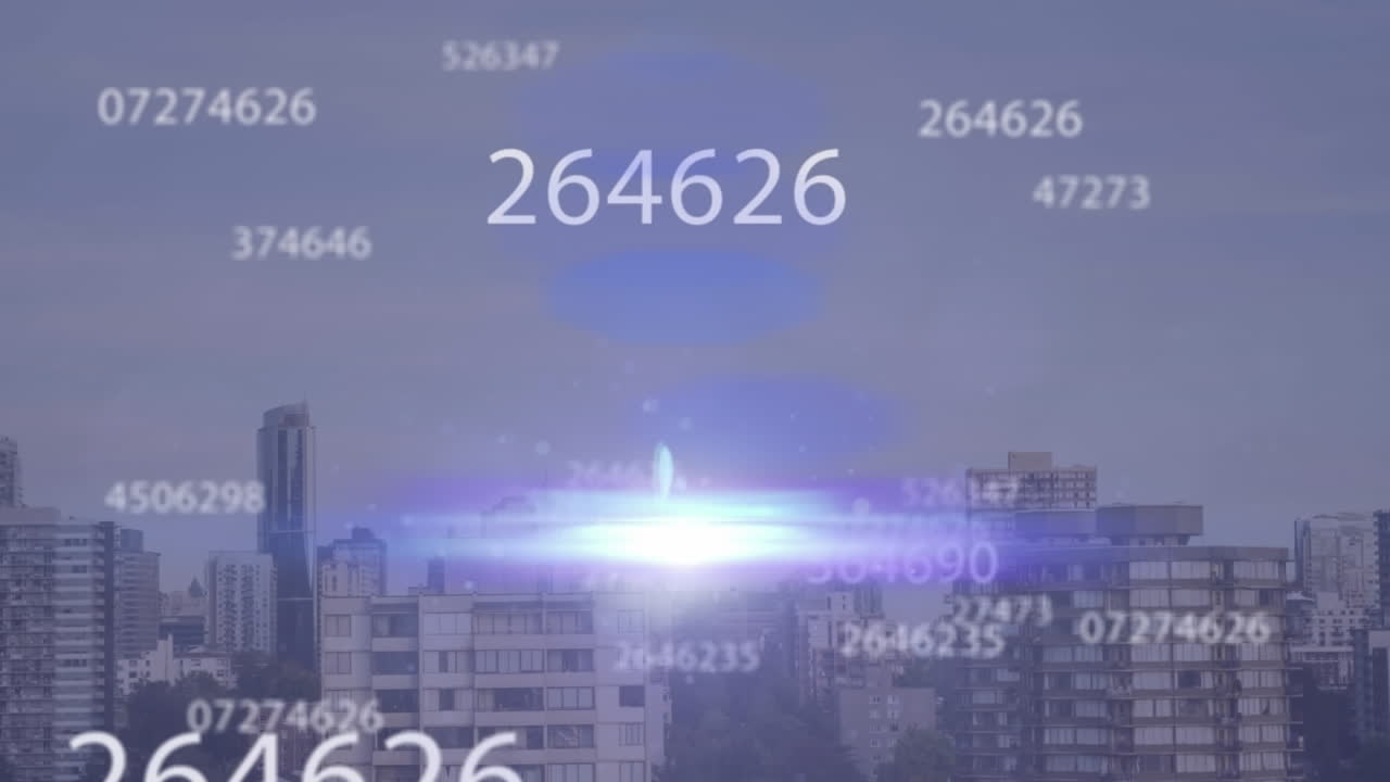 도시 풍경 위의 숫자 애니메이션과 데이터 처리