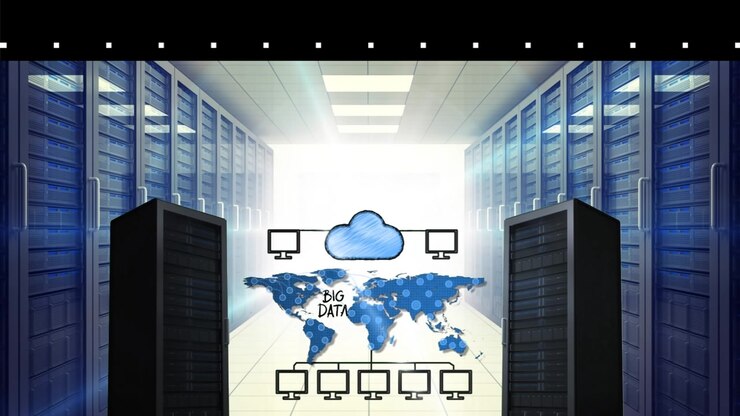 Animation of clouds, world map and connections of screens over servers