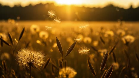 golden sunrise over a field of dandelions: a captivating display of nature's beauty as the sun casts warm hues on dandelion seeds floating in the air