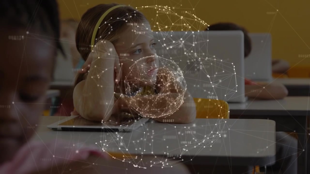 Teacher handing headphones student watching pulsing network globe above tablet during education