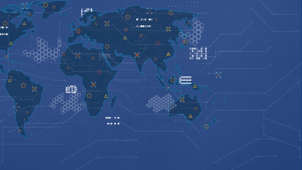 animación del procesamiento de datos financieros y mapa del mundo sobre fondo azul.