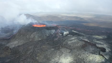 aerial view of fagradalsfjall volcano in iceland spewing lava and smoke