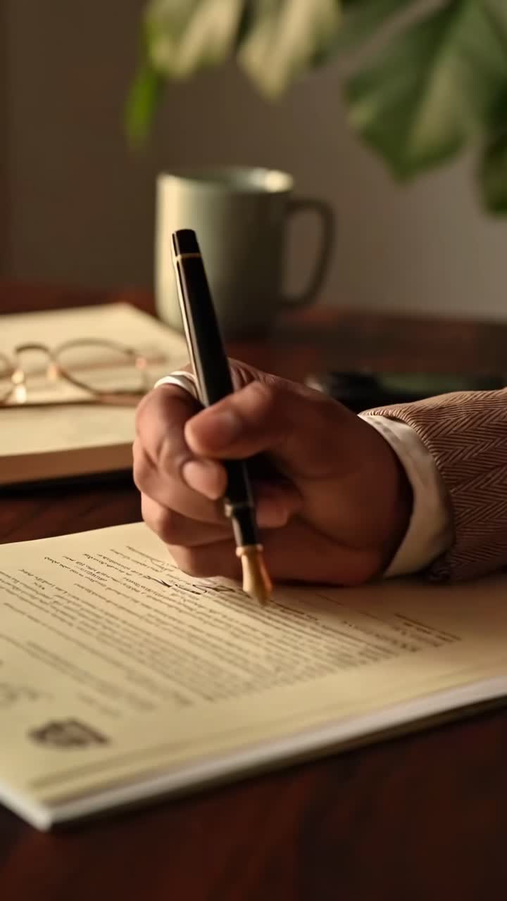 Primo piano video di una mano che scrive con una penna su carta, toni caldi, atmosfera accogliente da ufficio