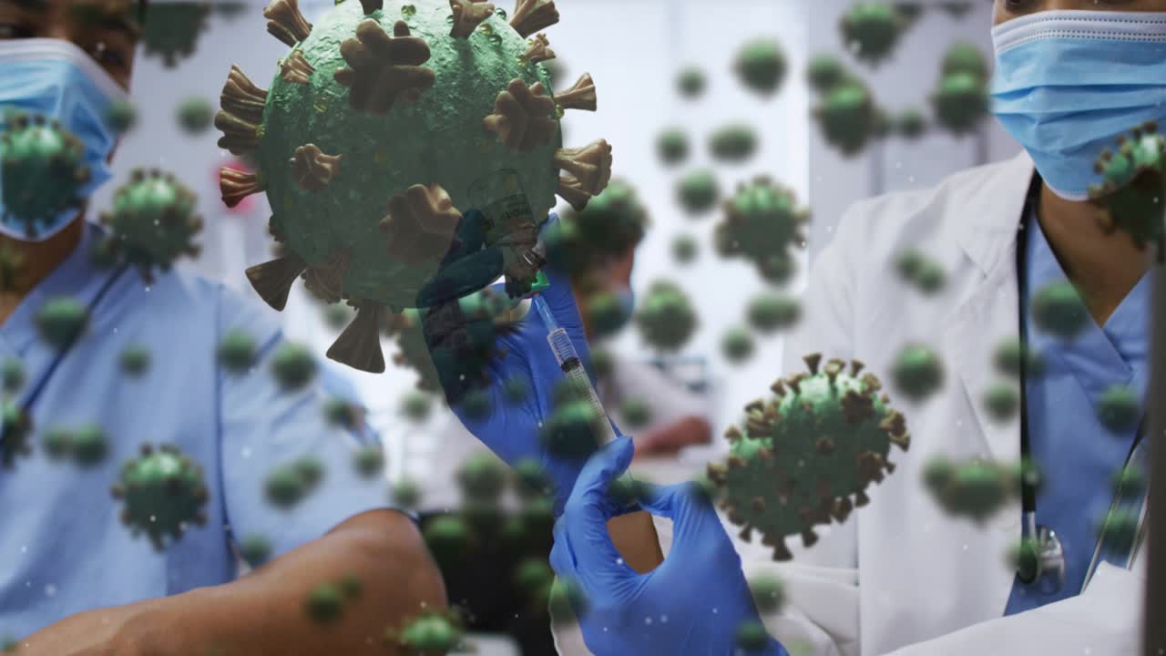 Clinician reaching vial and drawing vaccine dose into syringe, health CGI virus models moving front