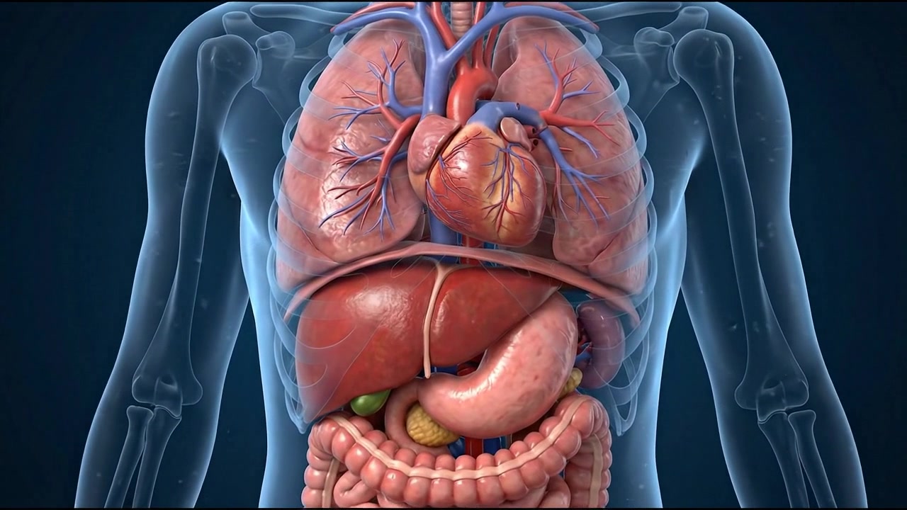 Transparent human torso silhouette showing internal organ systems