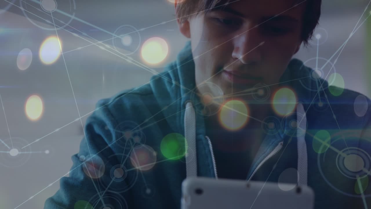 Animazione di una rete di connessioni e punti luminosi su uno studente caucasico.