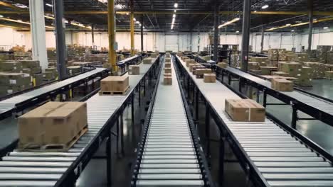 automated conveyor system in warehouse: efficient logistics and package handling technology at work with boxes moving along the production line
