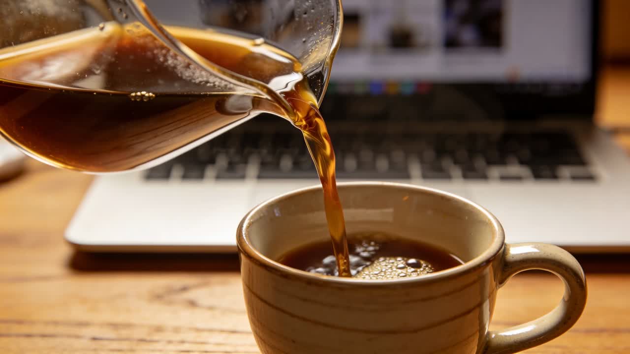 デスクの上、透明なガラスのカラフェから濃いコーヒーが陶器のカップに注がれ、カップを満たしている。背景にはノートパソコン。