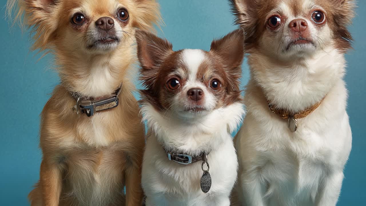 A Charming Trio of Chihuahuas Posing Together Against a Vibrant Blue Background, Showcasing Their Unique Personalities and Adorable Features in a Heartwarming Portrait