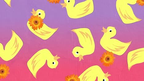 Animation-of-falling-flower-and-duck-over-pink-background