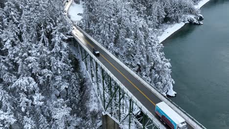 aerial view of a semi truck transporting goods in the winter over a tall steel bridge