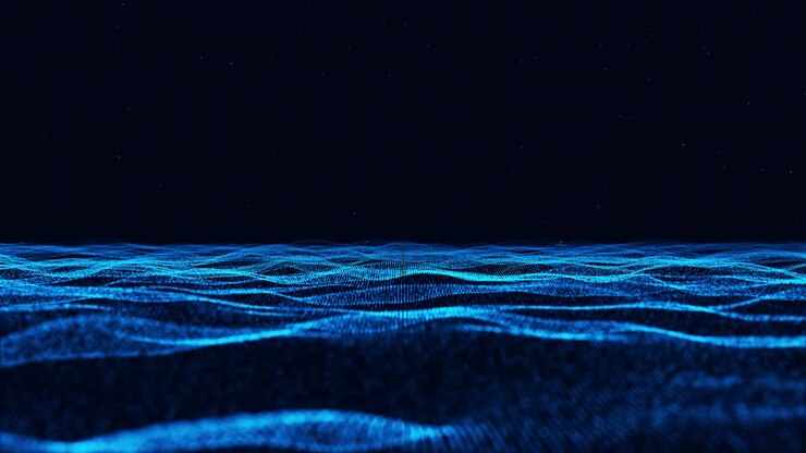 Sfondo a griglia scura 4K con tunnel wireframe di particelle ondulatorie, effetto luce e connessione tecnologica digitale