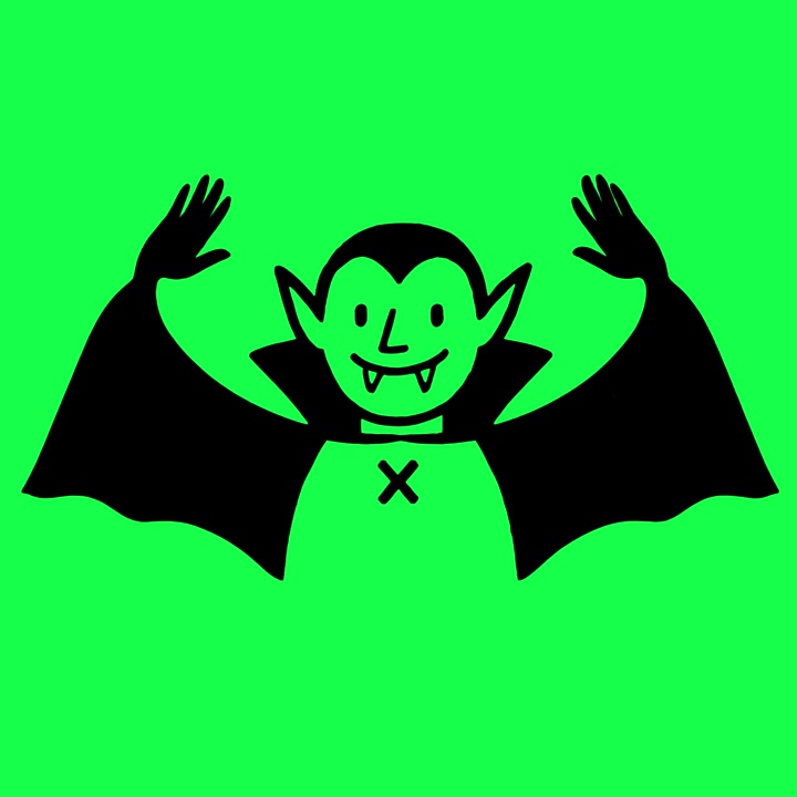 Personaggio animato di vampiro a cartoni animati che agita le mani su sfondo verde
