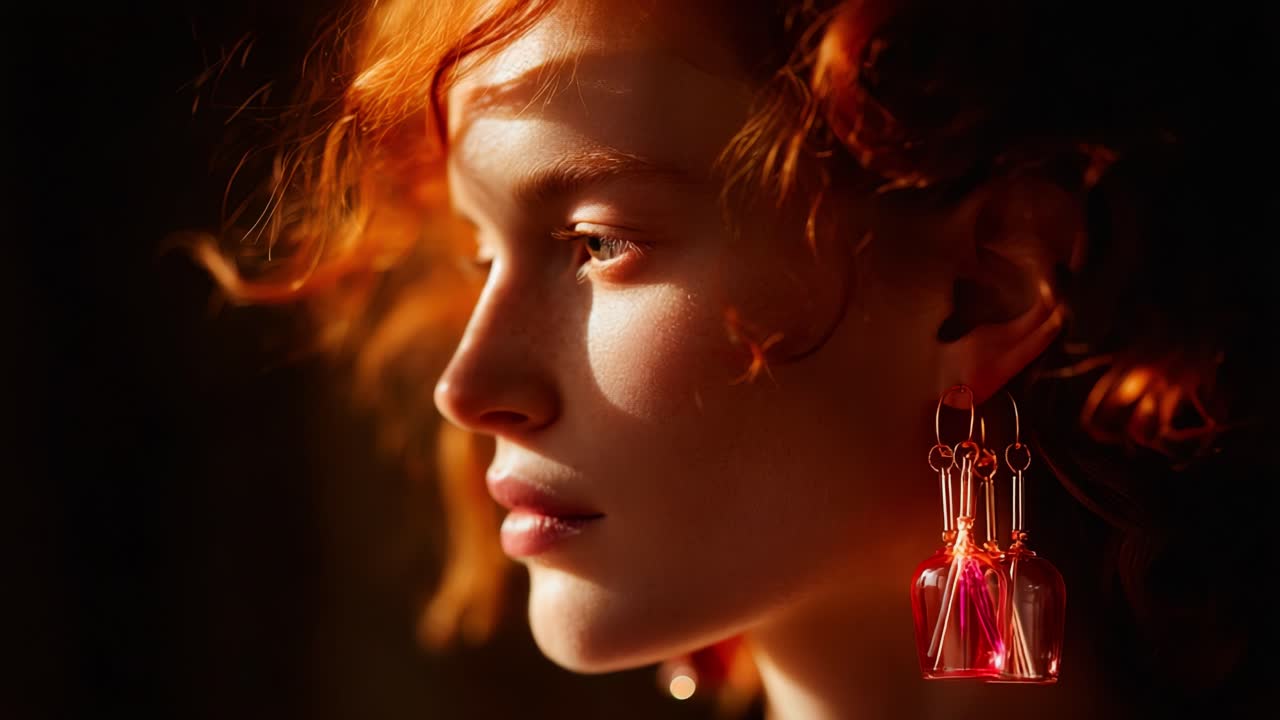 A Portrait Capturing the Essence of Natural Beauty with Radiant Light and Unique Jewelry, Highlighting the Elegance of a Model with Curly Red Hair and Stunning Accessories