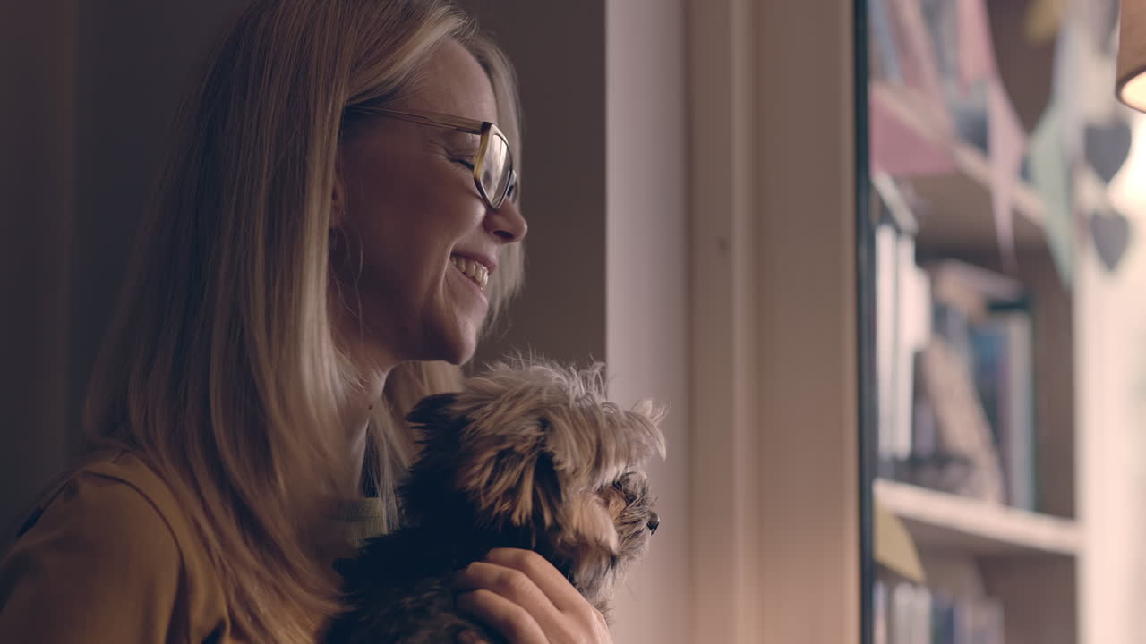 Woman holding her dog near a window