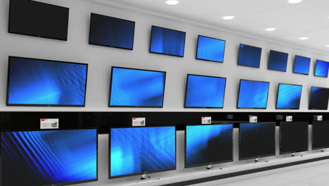animación de filas de aparatos de televisión con pantallas azules brillantes en la tienda
