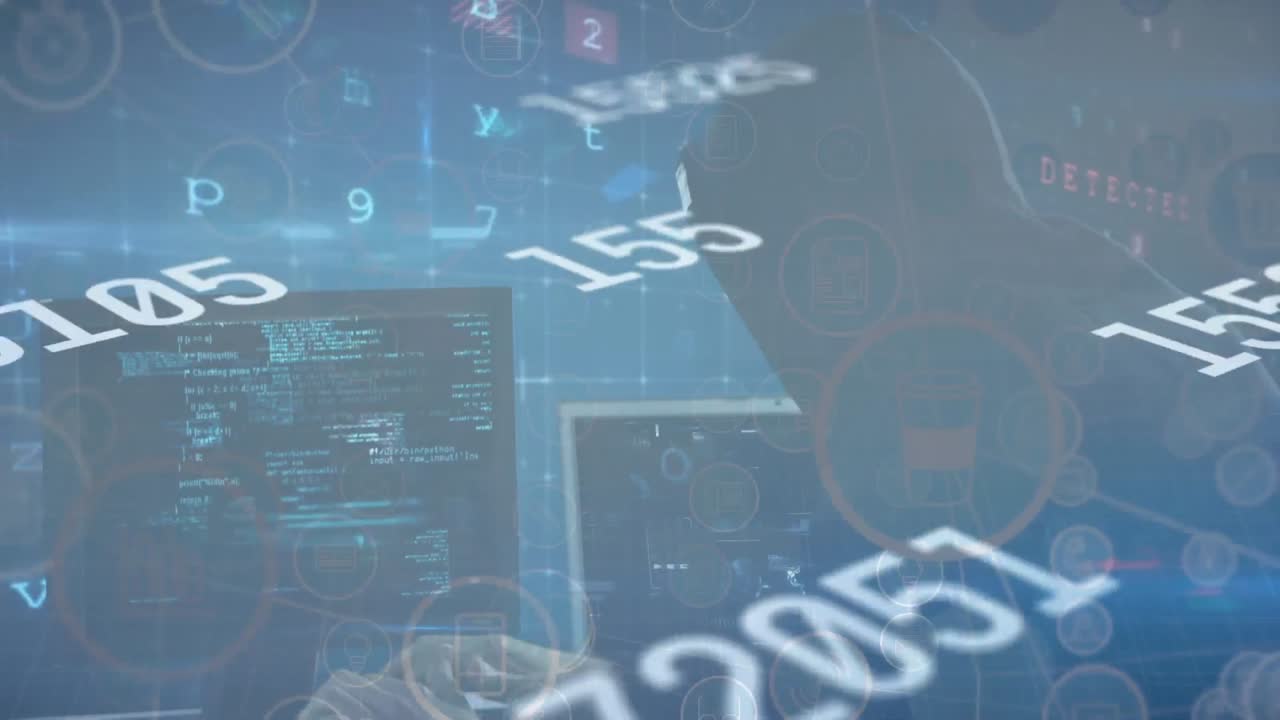 Animation of cyber attack warning and data processing over hacker using computer