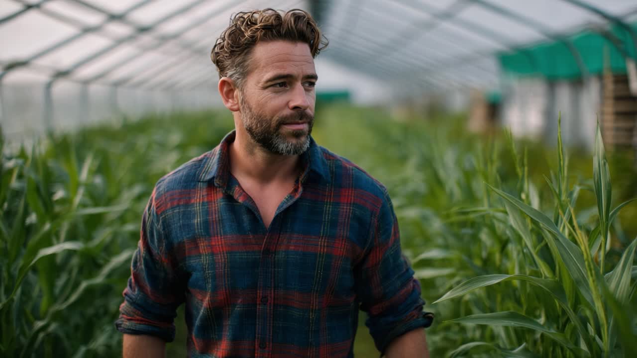 A man strolls through a vibrant greenhouse filled with healthy green crops, reflecting on nature's beauty, surrounded by rows of lush corn plants in the distance