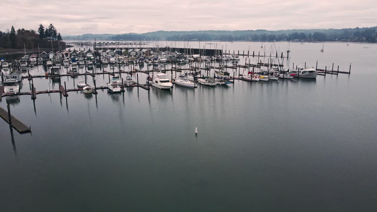 toma de un dron de un puerto deportivo temprano en la mañana cerca de seattle