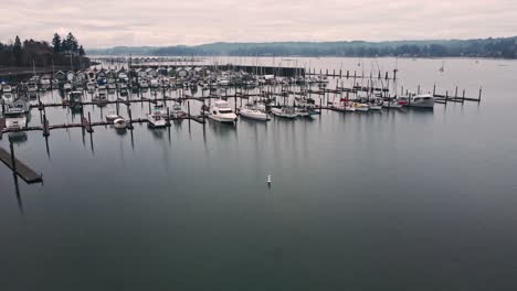 drone shot of a marina in the early morning near seattle