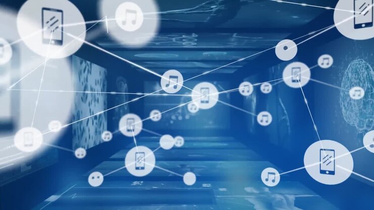 Animation of network of digital icons against screens with medical data processing