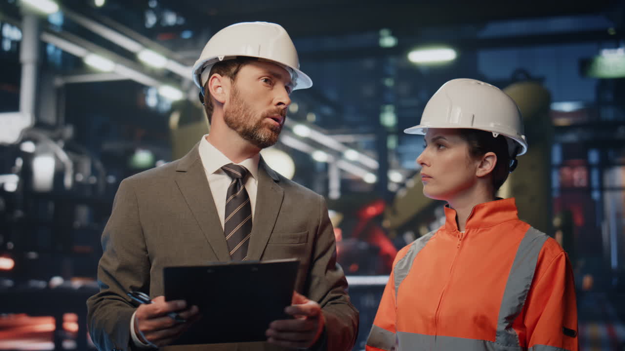 Factory owner inspecting plant with female foreman in protective helmet close up