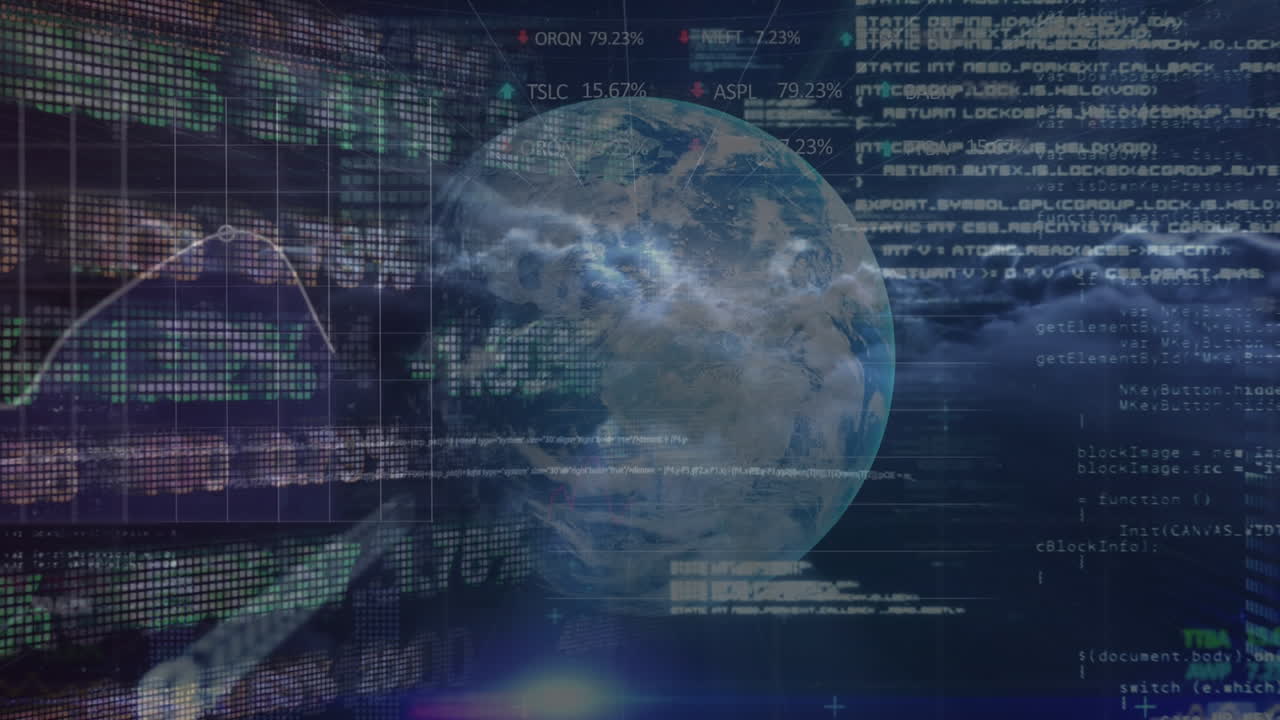 Stock market data processing against globe spinning