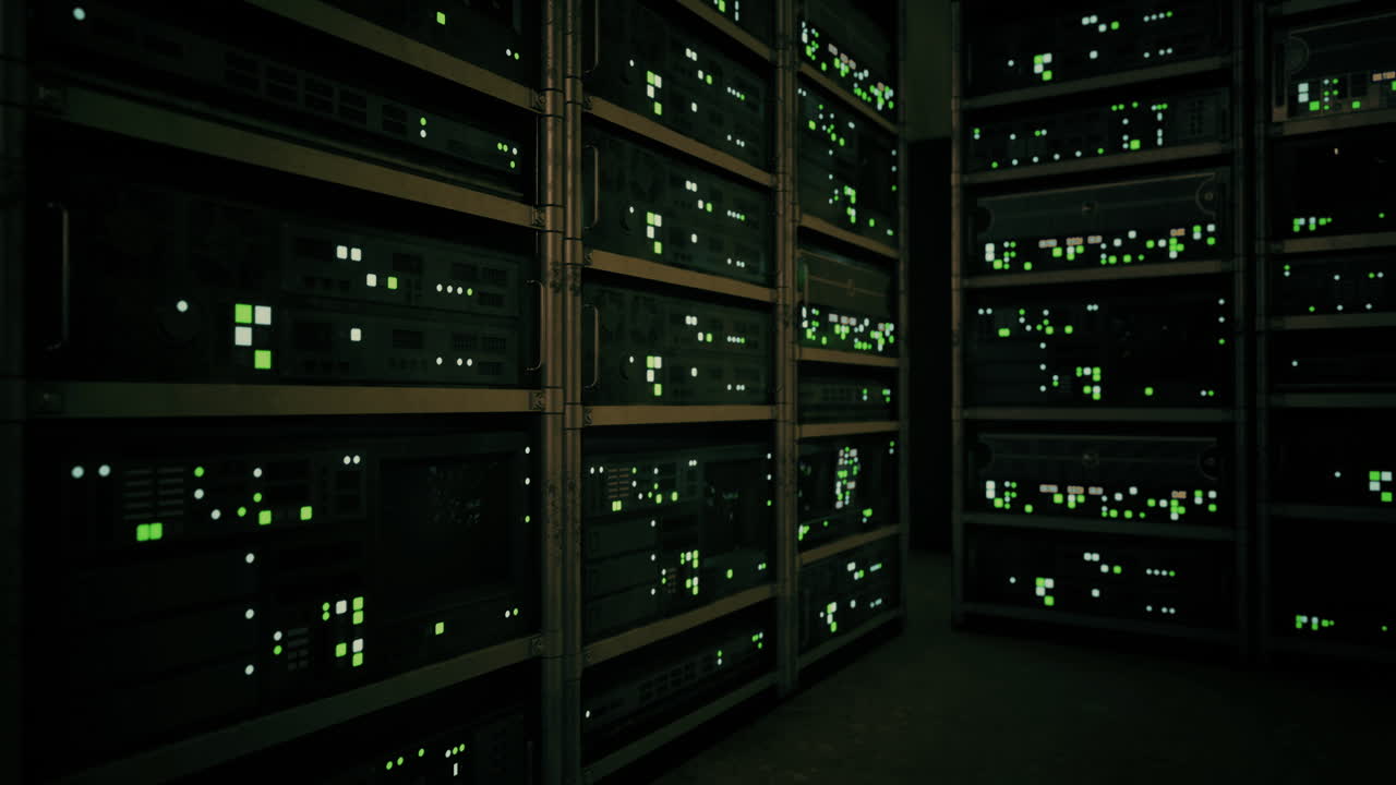 Servers operate in a data center with illuminated indicators at night