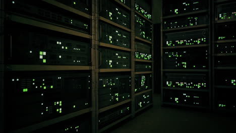servers operate in a data center with illuminated indicators at night