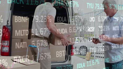 animation of financial data processing over delivery man loading up car outside of warehouse