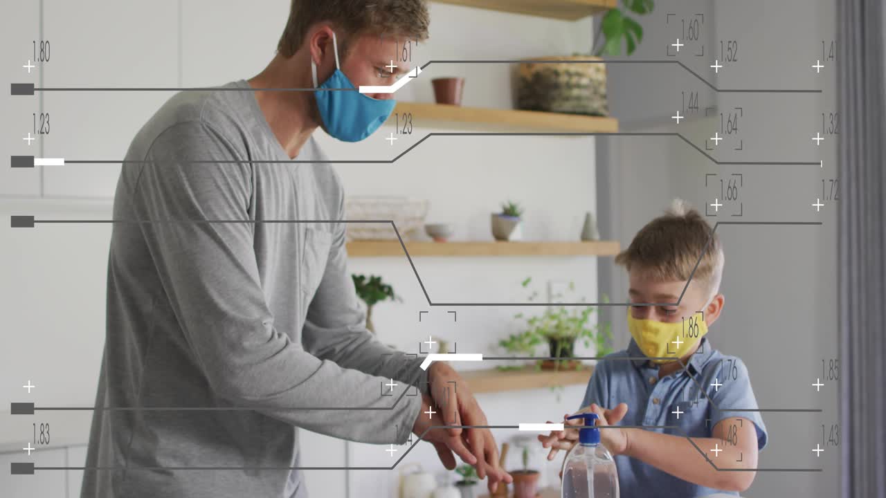 Father guiding son pressing blue pump sanitizer and demonstrating hand-sanitizing for health
