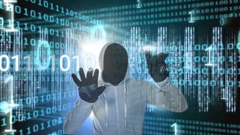 en capucha con código binario y animación de procesamiento de datos digitales hacker