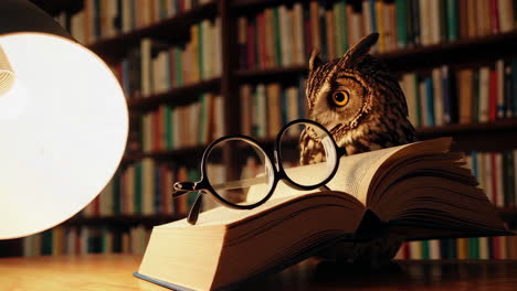 un búho leyendo en una biblioteca