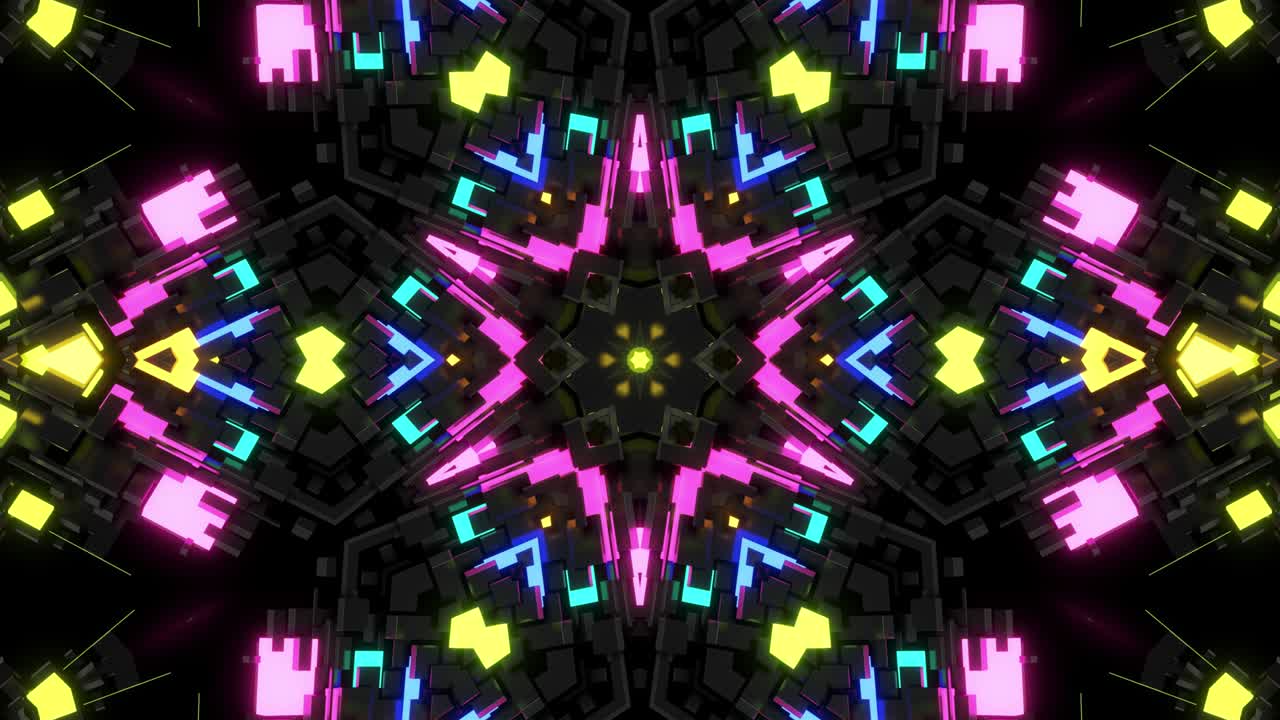 ciemny kalejdoskop neonowy z animacją obrotową. 4k ciemne pętlo z abstrakcyjnym symetrycznym wzorem geometrycznego światła neonowego 3d. science fiction cyberpunk bg dla festiwali lub koncertów, pętla vj.