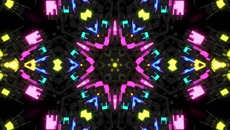 caleidoscopio de neón oscuro con animación de rotación. fondo de bucle oscuro de 4k con patrón simétrico abstracto de luz de neón geométrica 3d. ciencia ficción cyberpunk bg para festivales o conciertos, bucle vj.