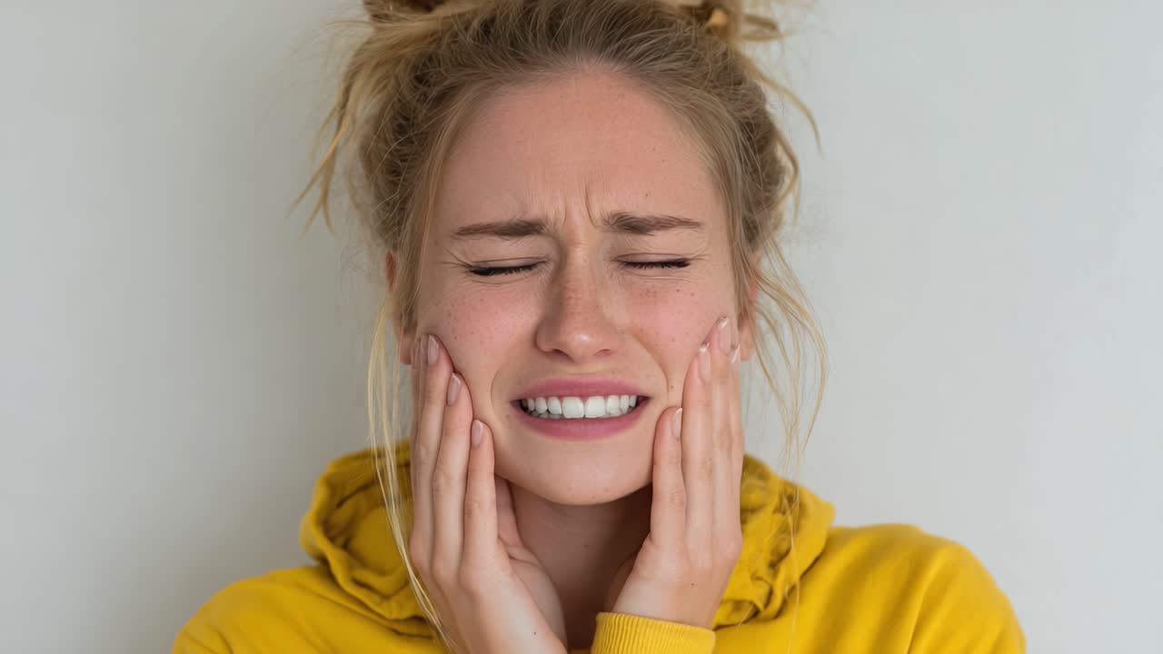 Una giovane donna esprime disagio mostrando segni di dolore sul viso, stringendo la mascella e aggrottando la fronte per l'angoscia, mentre lotta con un'agonia invisibile