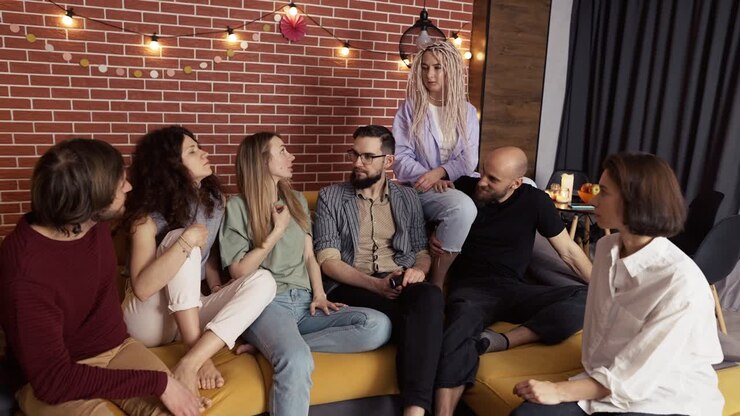 Group of happy caucasian men and women in conversation on sofa