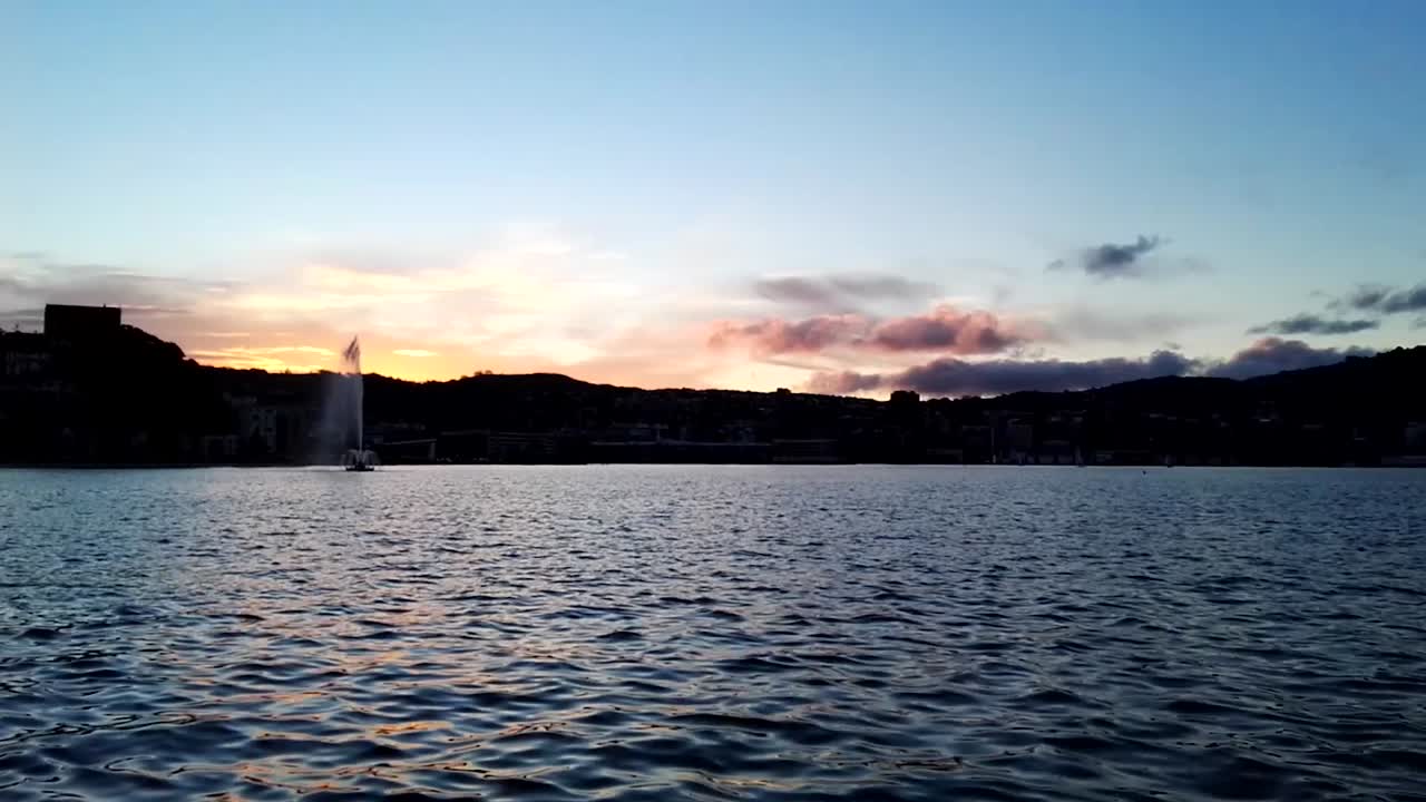 atardecer en el puerto de wellington con fuente