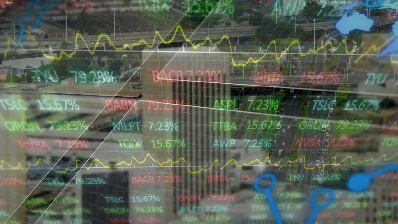 도시 풍경 위의 데이터 처리 애니메이션