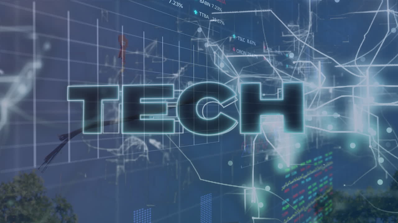 Animation of tech text and light trails over stock market data processing against blue sky
