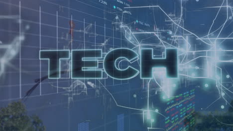 Animación-De-Texto-Tecnológico-Y-Estelas-De-Luz-Sobre-El-Procesamiento-De-Datos-Del-Mercado-De-Valores-Contra-El-Cielo-Azul