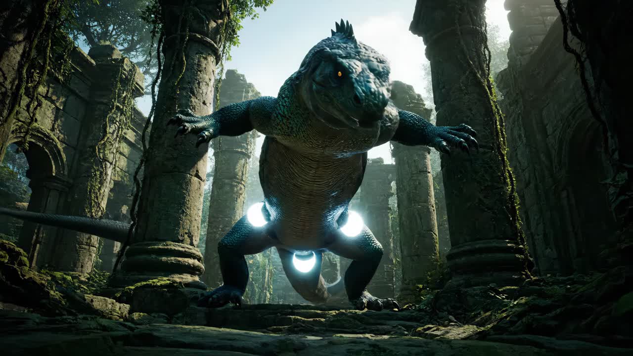 Iguana in Ancient Ruins with Spiderweb