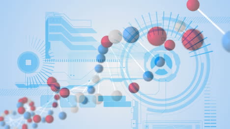 animation of rotating 3d model dna strand and data on blue and white interface