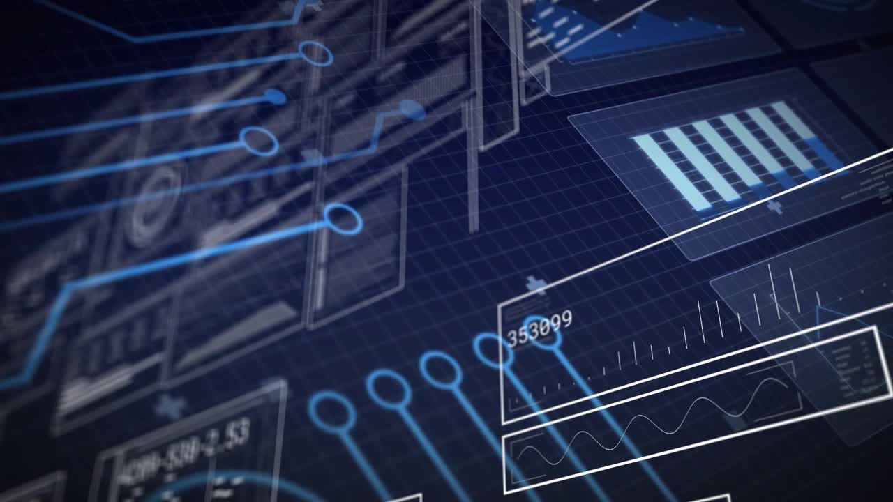 With panel outlines emerging, UI spawning circuit lines, data panels updating codes showing trends