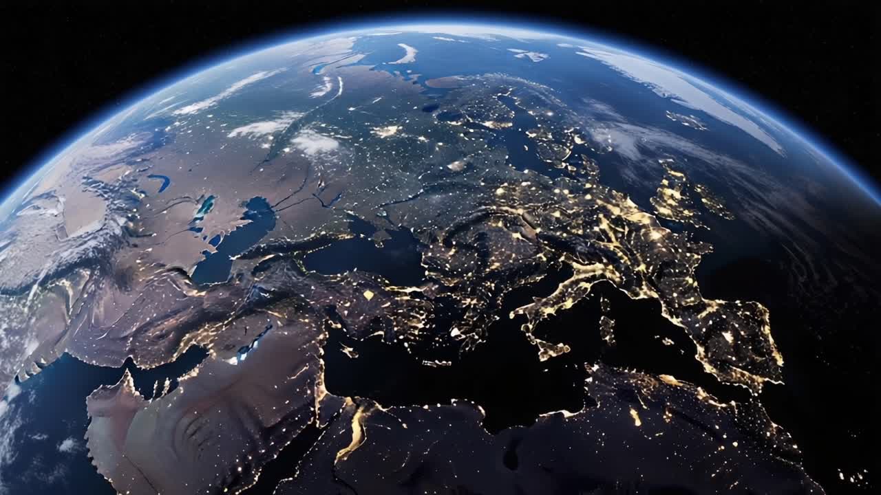 Stunning View of Earth from Space: A Captivating Perspective on Europe and the Mediterranean at Night, Illuminated by City Lights and Natural Features