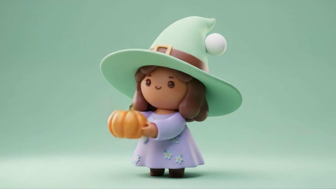 Adorable Witch Character Holding a Pumpkin in a Playful Setting, Showcasing Whimsical Design and Colorful Details in Green Background