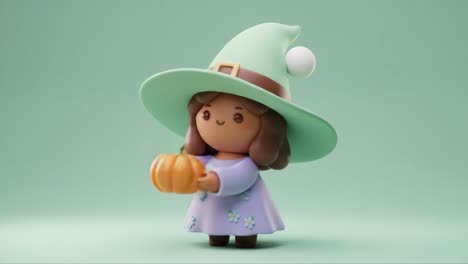 adorable witch character holding a pumpkin in a playful setting, showcasing whimsical design and colorful details in green background